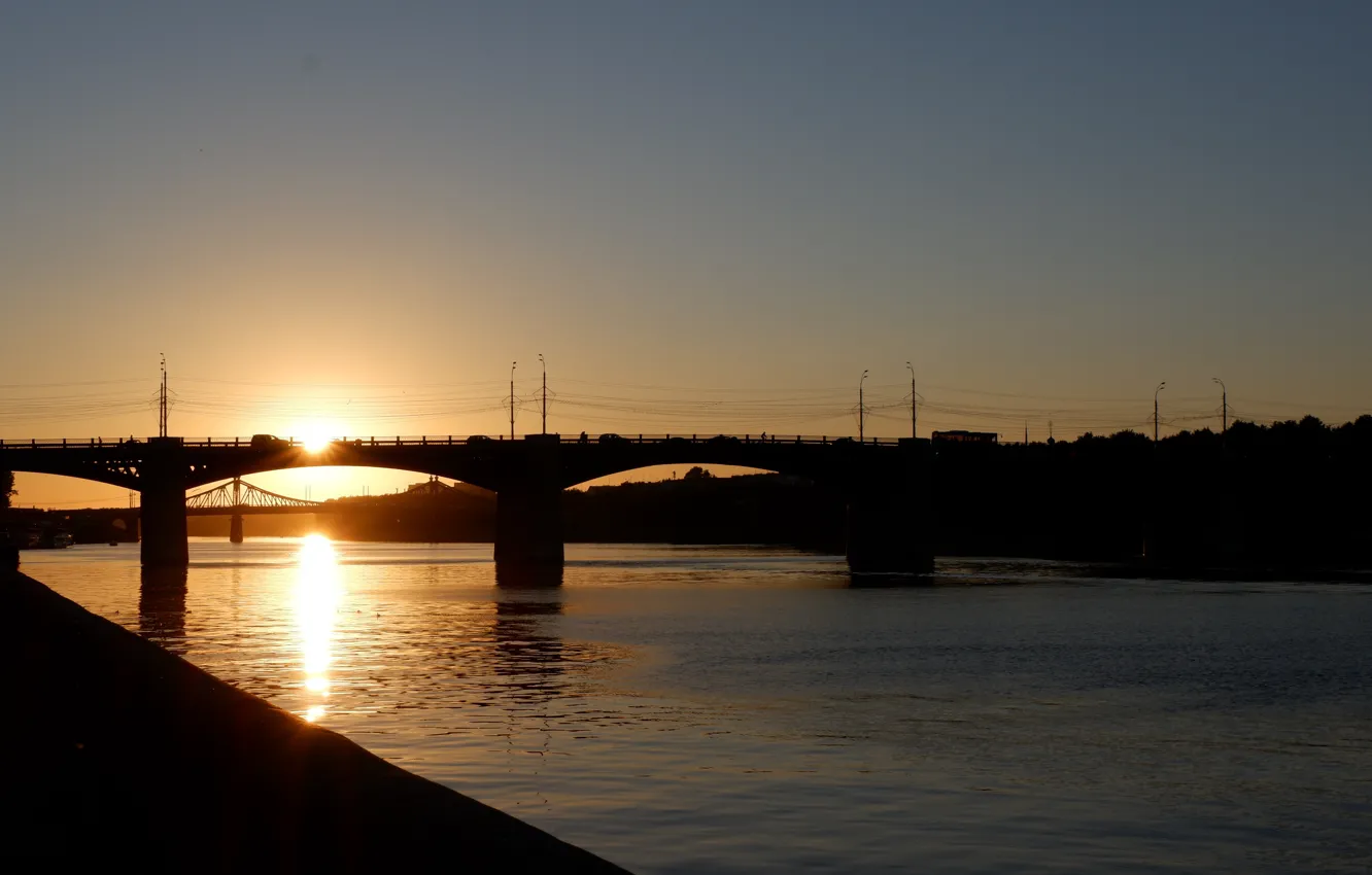 Photo wallpaper summer, sunset, bridge, river, dark