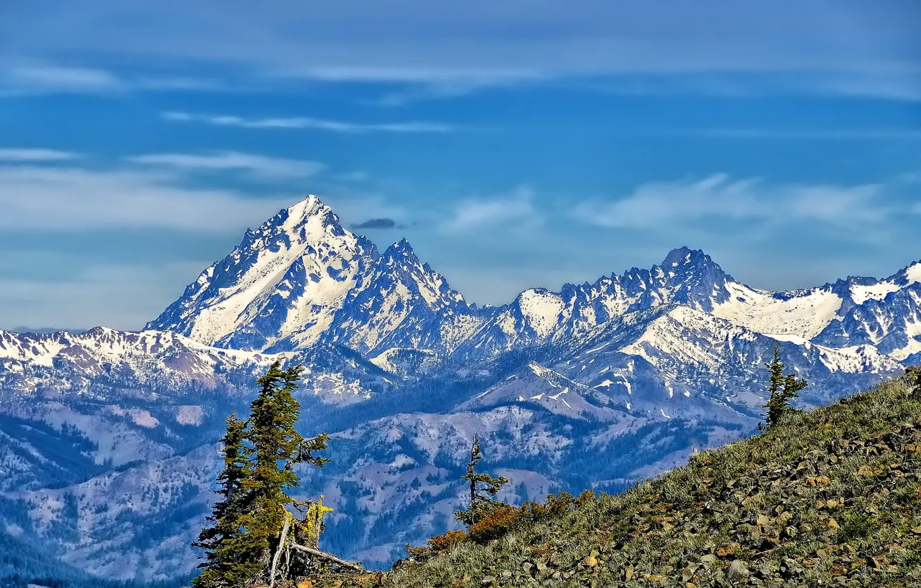 Photo wallpaper trees, mountains, tops, slope, Washington, Mount Stuart