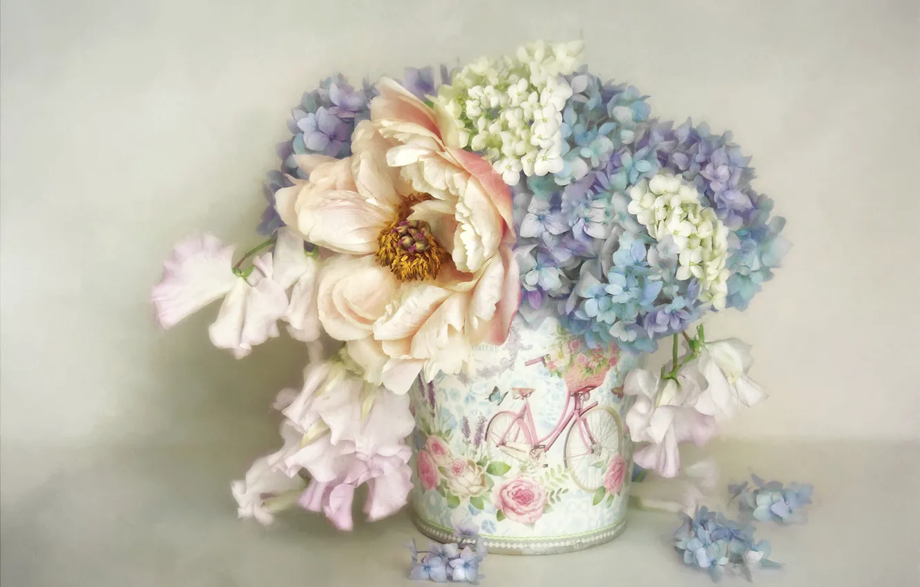 Photo wallpaper flowers, background, bouquet, blue, art, pot, white, painting