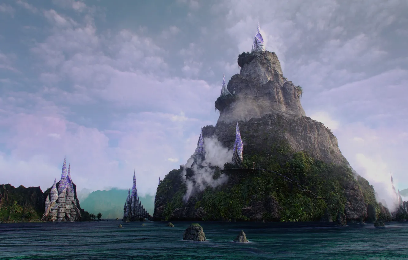 Photo wallpaper the sky, rocks, tower, pond, Vulcan