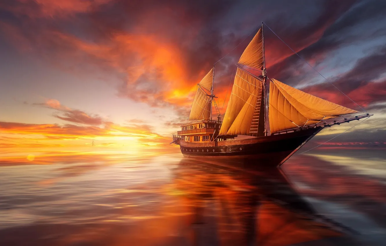 Photo wallpaper sea, sunset, the ocean, ship, sailboat