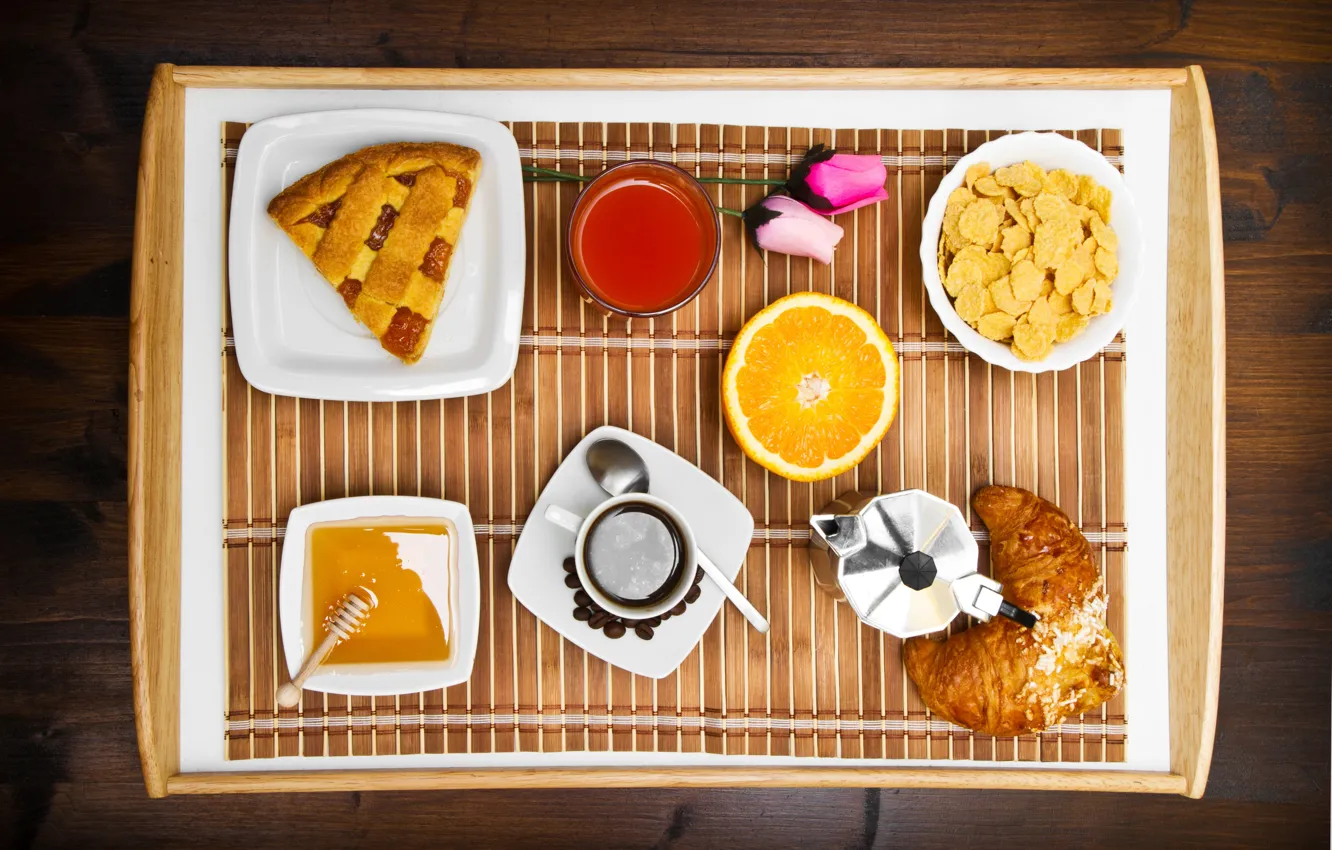 Photo wallpaper coffee, orange, Breakfast, honey, pie, croissant