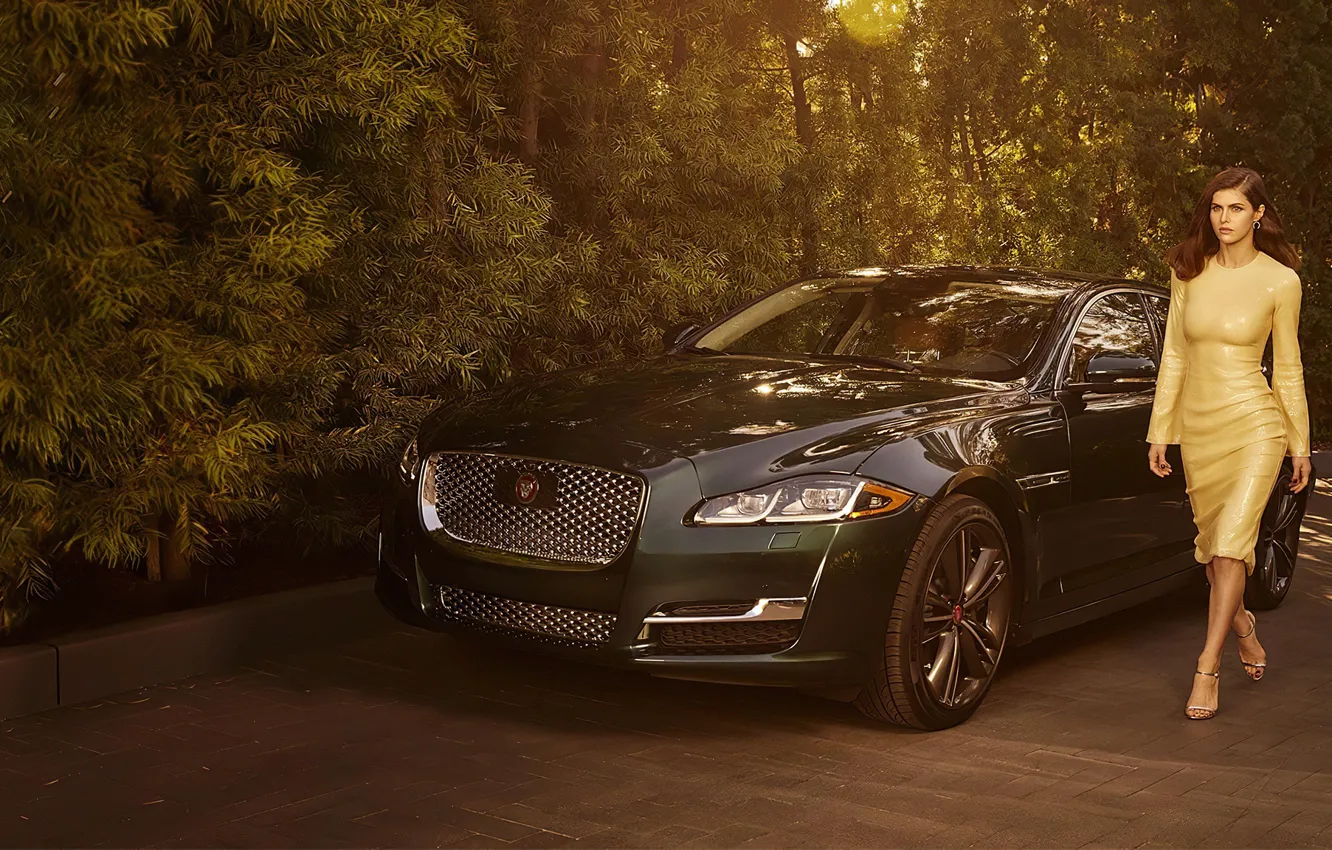 Photo wallpaper auto, girl, pose, photo, Jaguar, dress, Alexandra Daddario