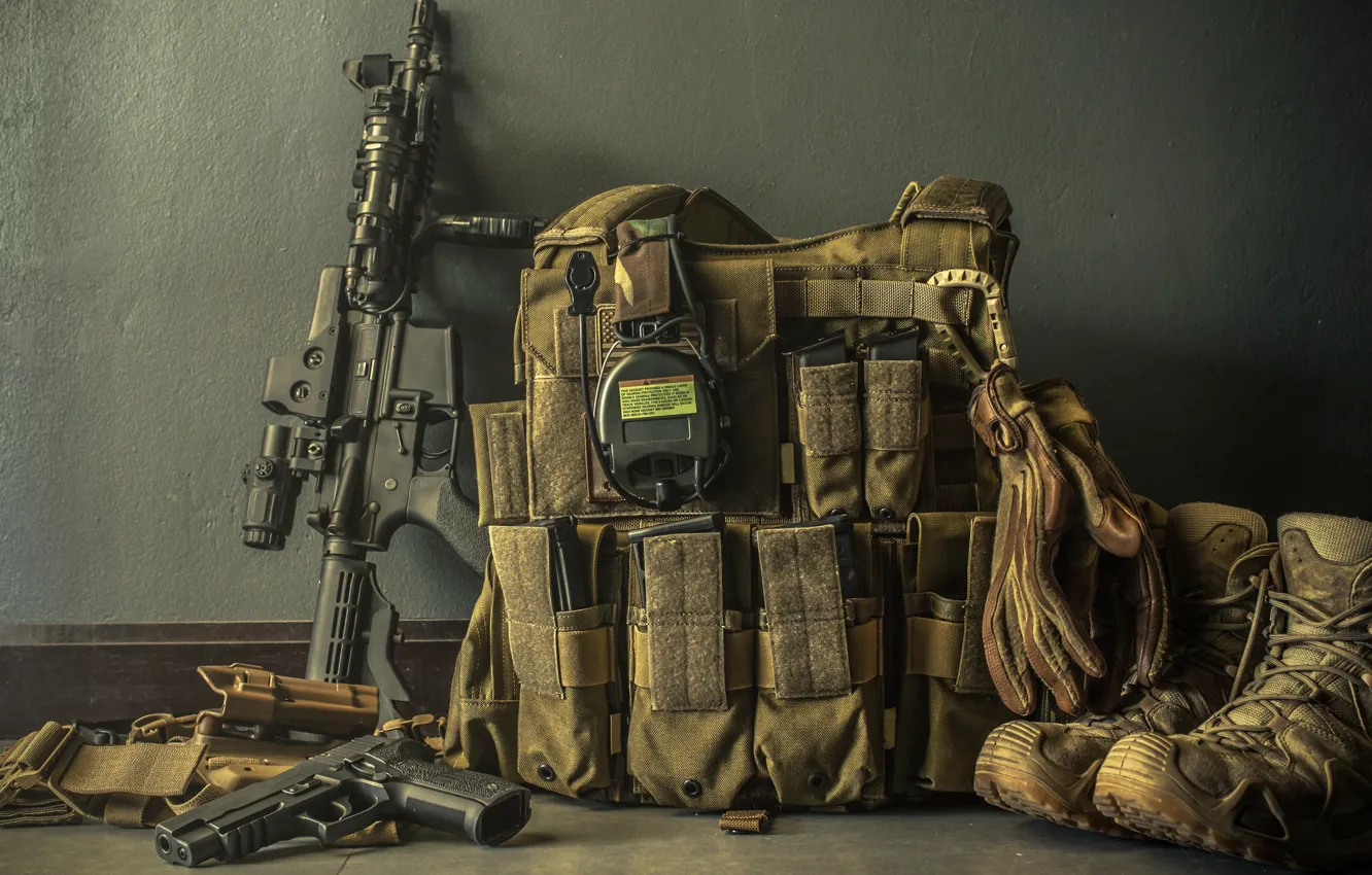 Photo wallpaper gun, assault rifle, equipment, backpack