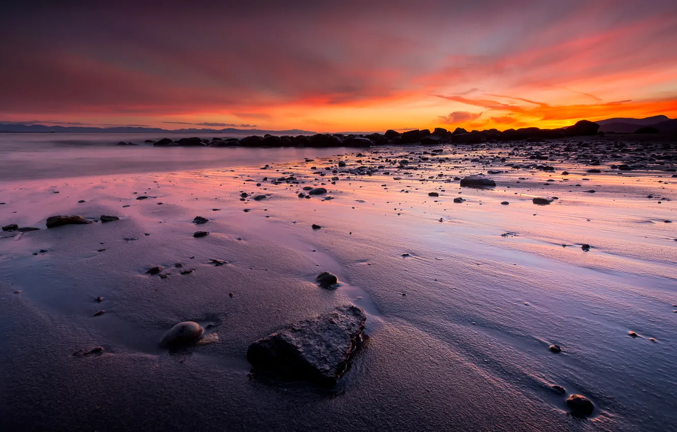 Photo wallpaper sand, sea, sunset, stones, shore, puddles