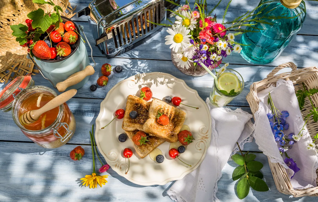 Photo wallpaper berries, Breakfast, honey, honey, fresh, toast, berries, breakfast