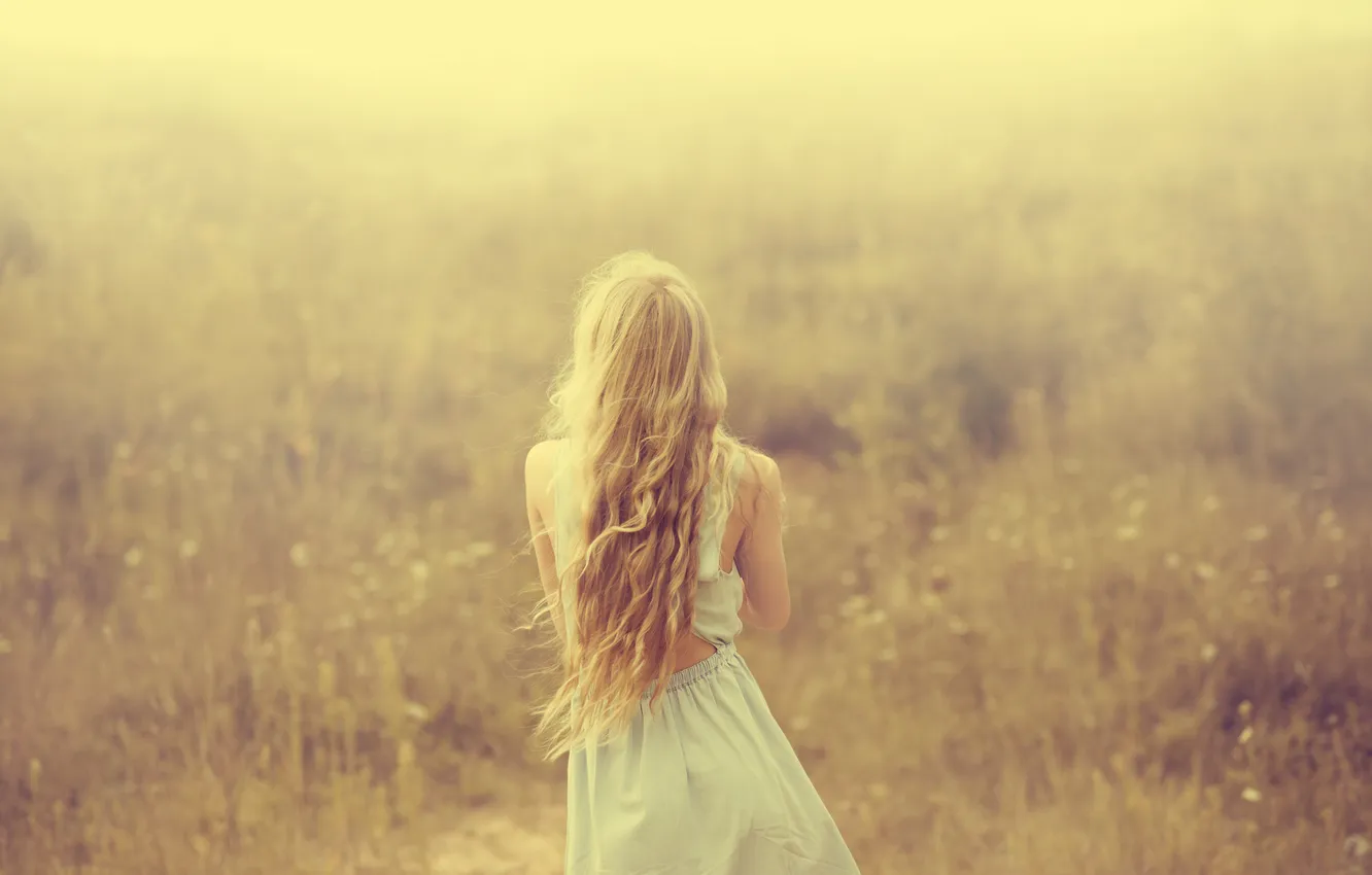 Photo wallpaper field, grass, girl, fog, back, blonde, long-haired