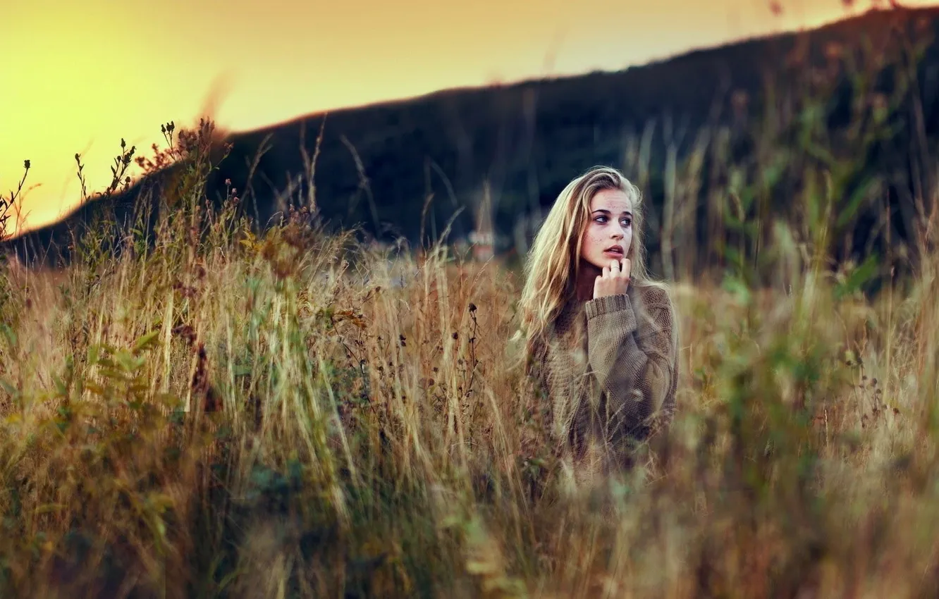 Photo wallpaper field, grass, girl, nature, beautiful