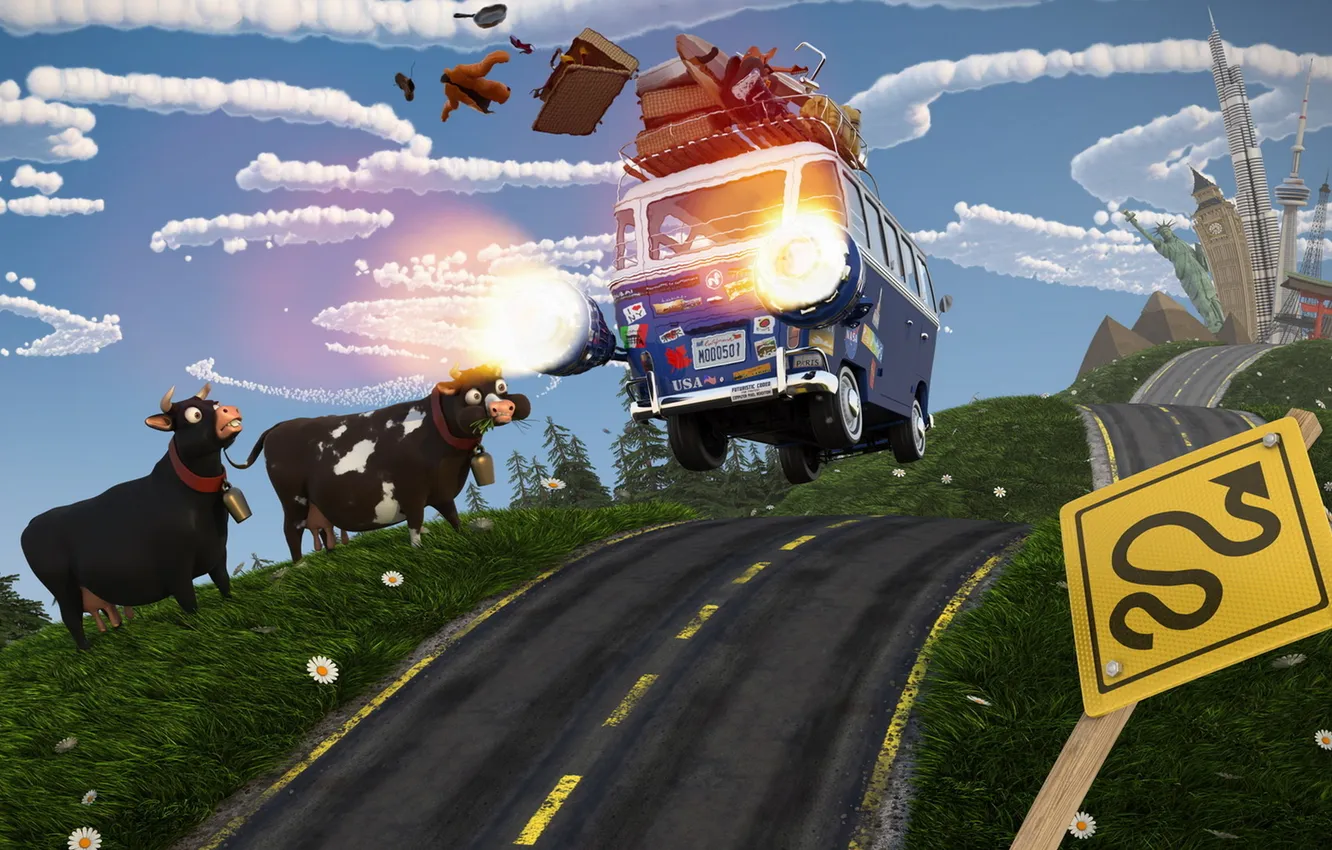 Photo wallpaper road, the sky, the city, sign, things, cows, van, turbo