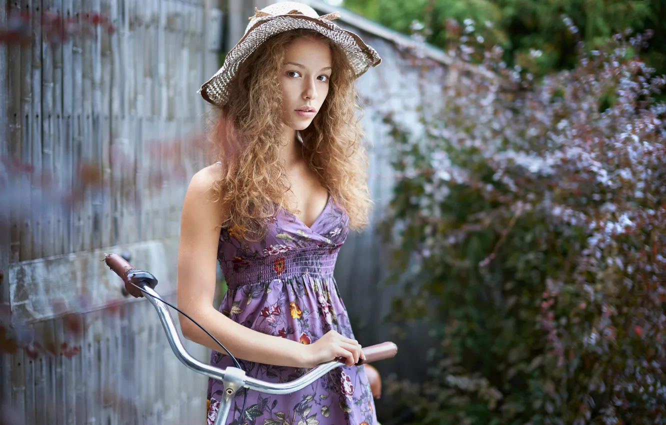 Photo wallpaper bike, portrait, dress, curls, hat, Lisa