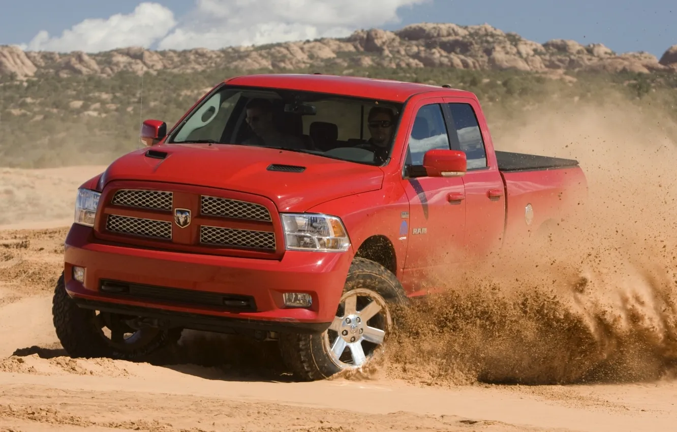 Photo wallpaper the sky, mountains, Dodge, Dodge, pickup, the front, Ram, REM