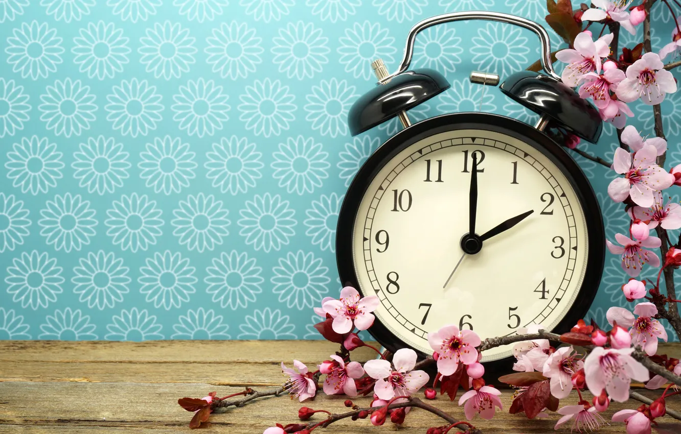 Photo wallpaper time, watch, branch, alarm clock, flowers