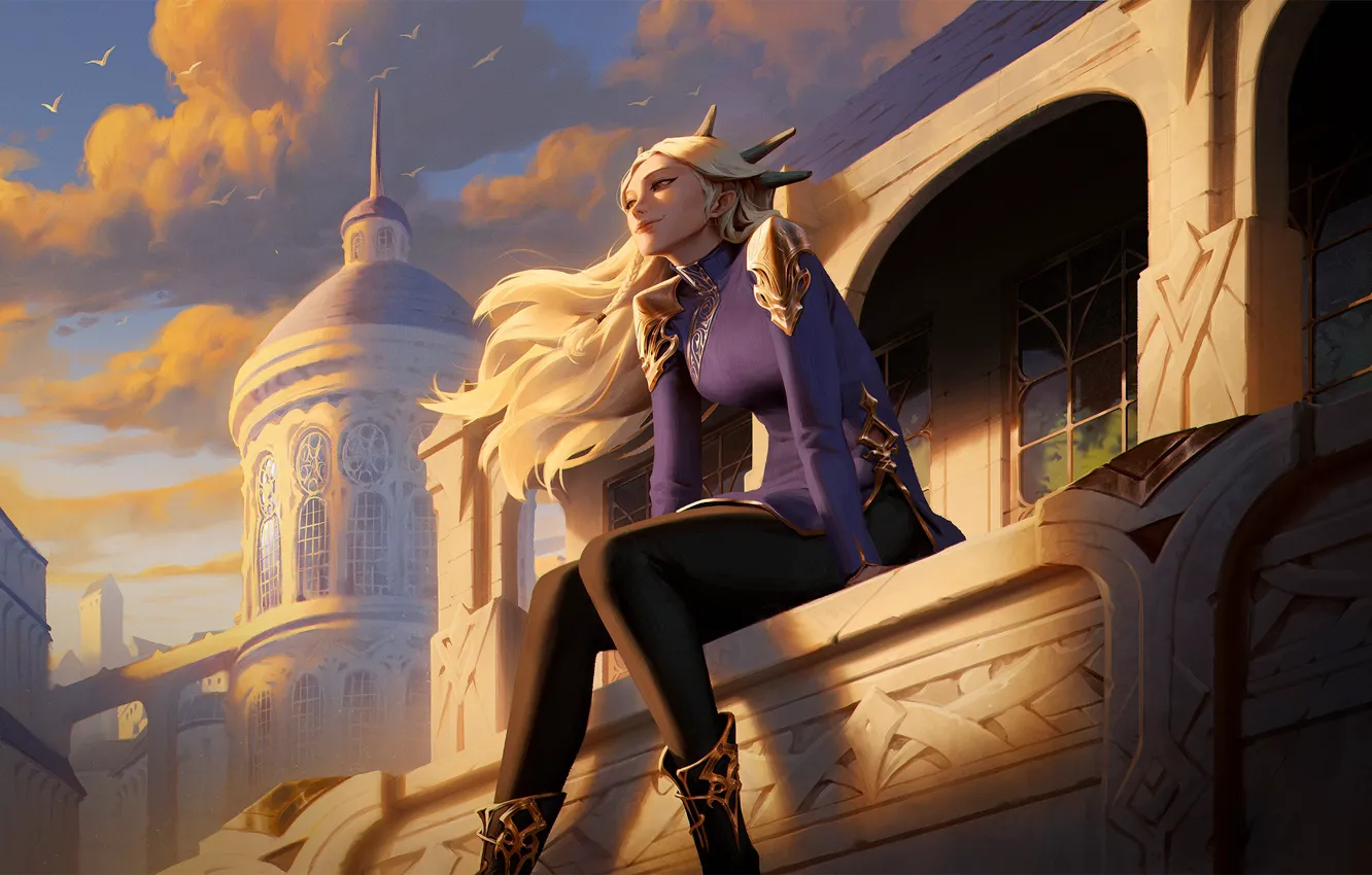 Photo wallpaper dream, girl, clouds, bird, building, girl, the dome, clouds