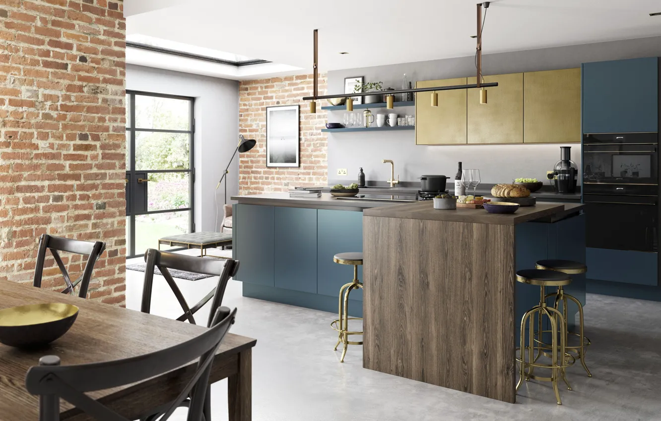 Photo wallpaper design, style, interior, kitchen, dining room, dark blue painted brass kitchen