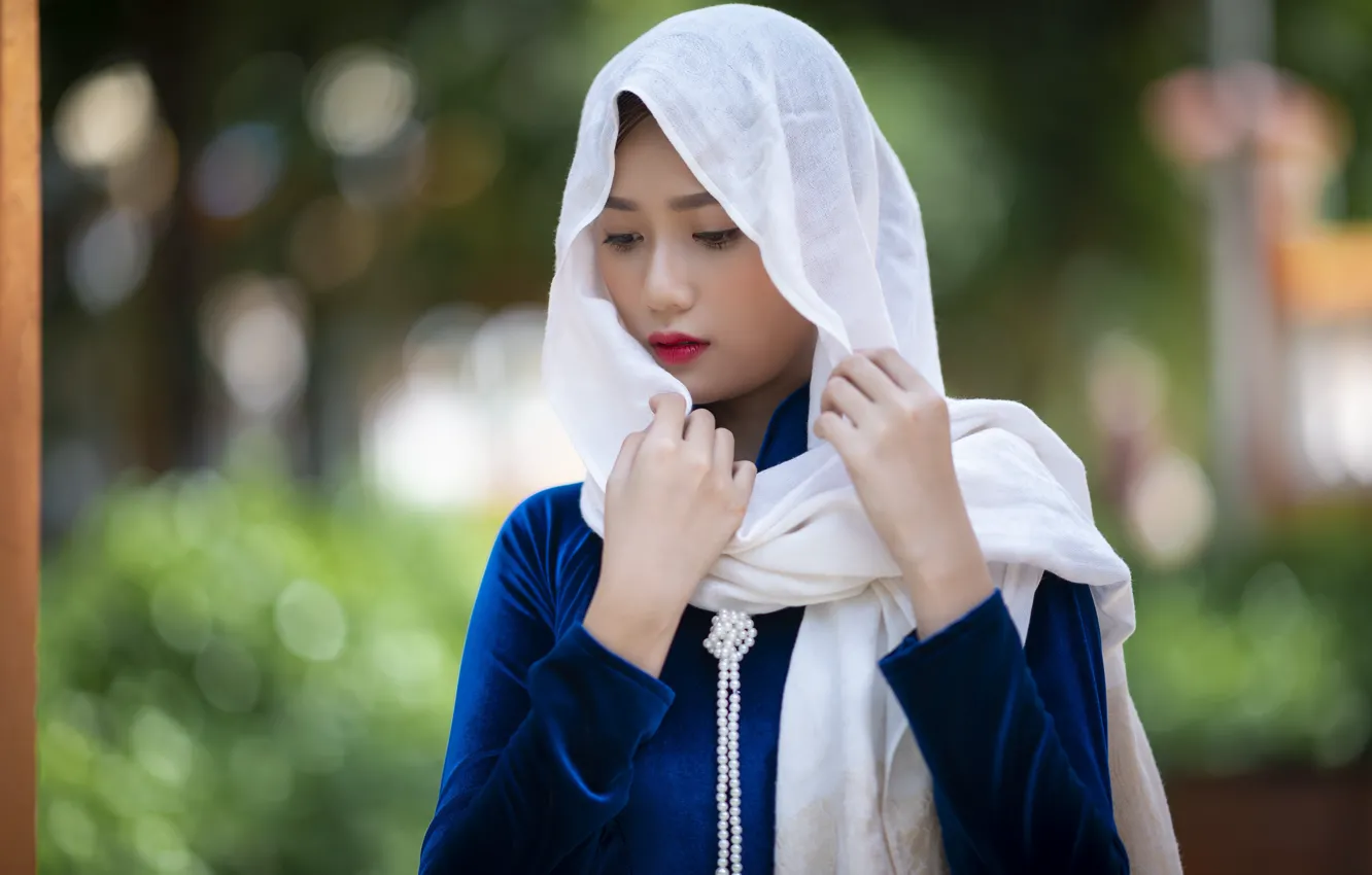 Photo wallpaper girl, nature, portrait, Asian, shawl