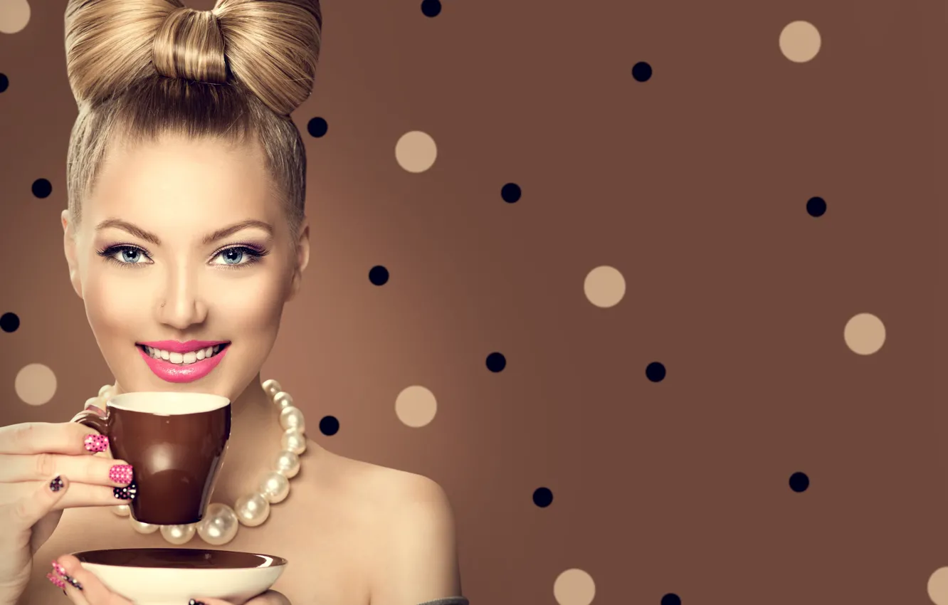 Photo wallpaper girl, smile, style, model, coffee, makeup, hairstyle, beads