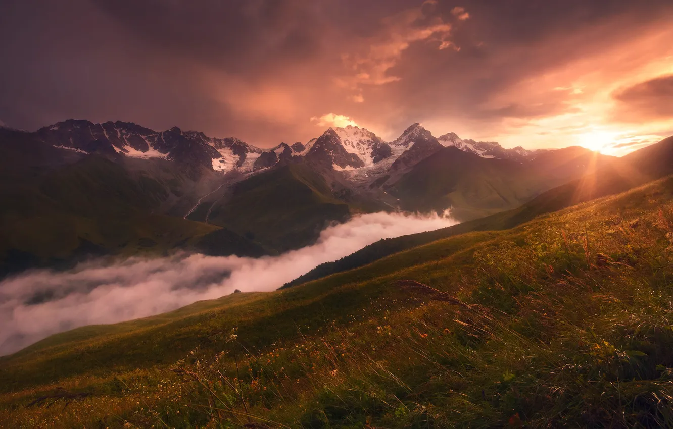 Photo wallpaper the sun, mountains, fog, dawn, tops, slope, meadow