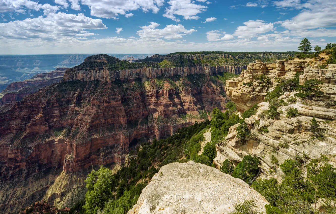 Photo wallpaper clouds, mountains, blue, stones, rocks, vegetation, view, height