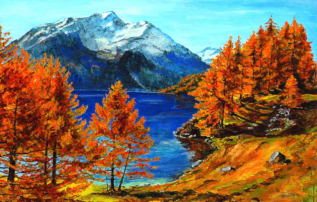 Photo wallpaper autumn, trees, landscape, mountains, figure, picture