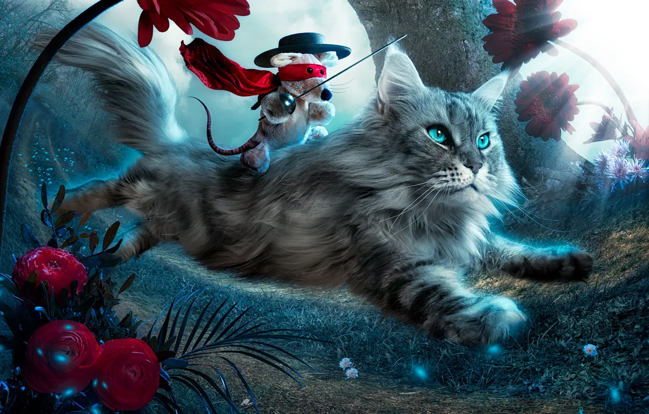 Photo wallpaper cat, white, cat, look, rays, light, flowers, red