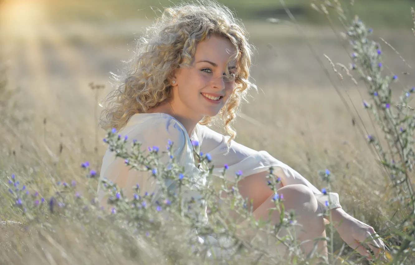 Photo wallpaper summer, girl, flowers, smile, meadow, blonde, the sun's rays