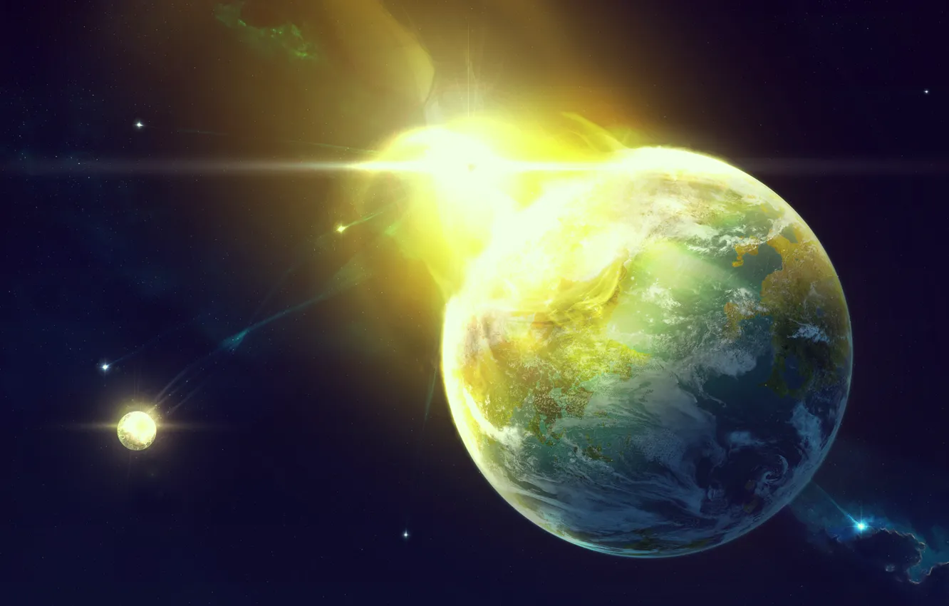 Photo wallpaper light, yellow, stars and planets