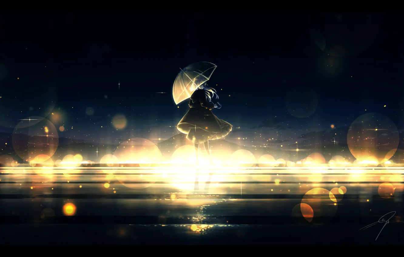 Photo wallpaper girl, night, glow, umbrella, Nengoro