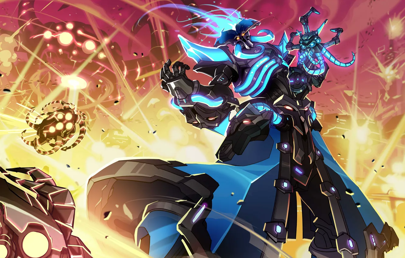 Photo wallpaper the explosion, background, robot, characters, Paladins