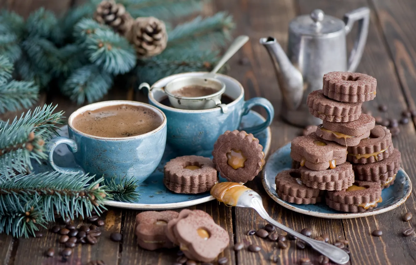 Photo wallpaper winter, branches, coffee, spruce, cookies, Cup, bumps, dessert