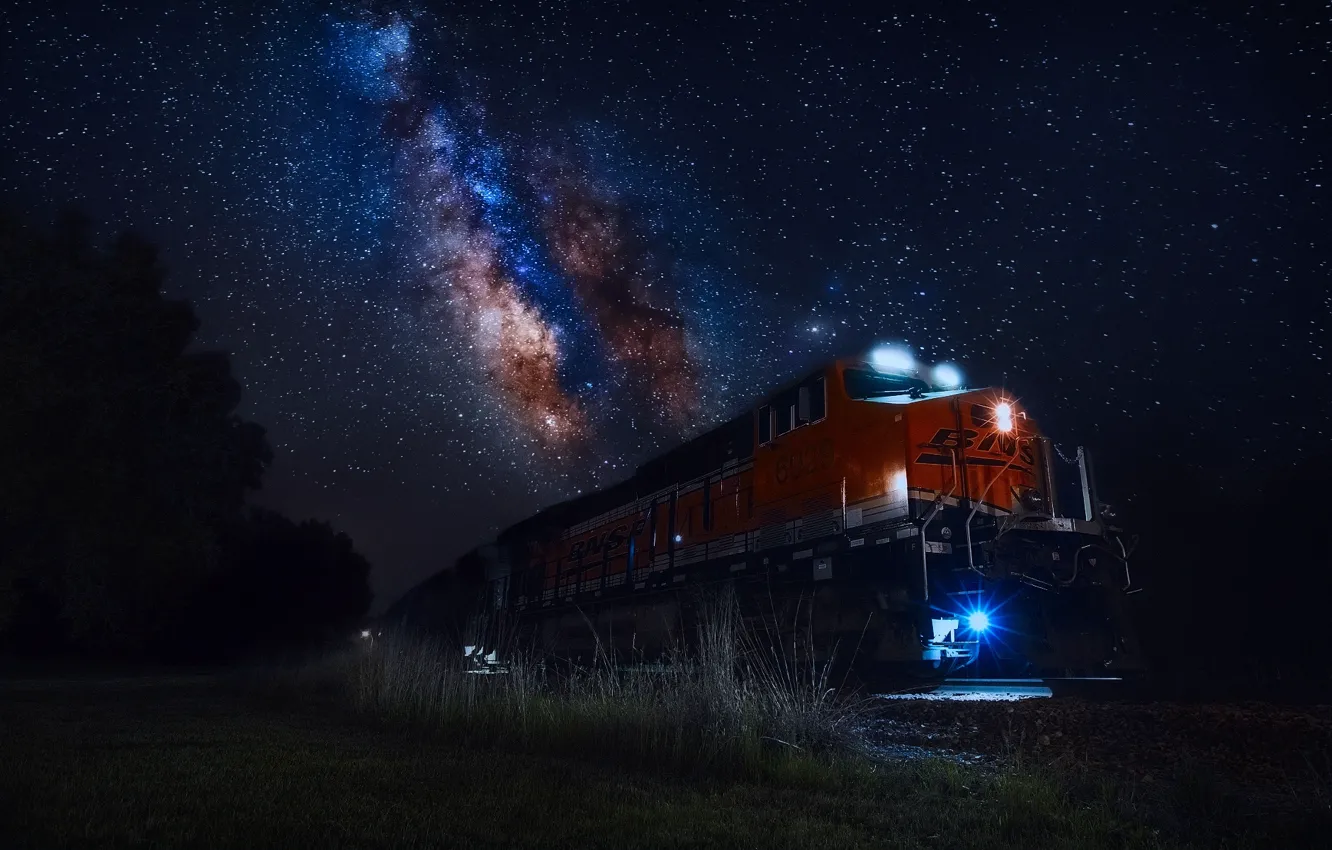 Photo wallpaper the sky, stars, light, night, lights, train, the milky way