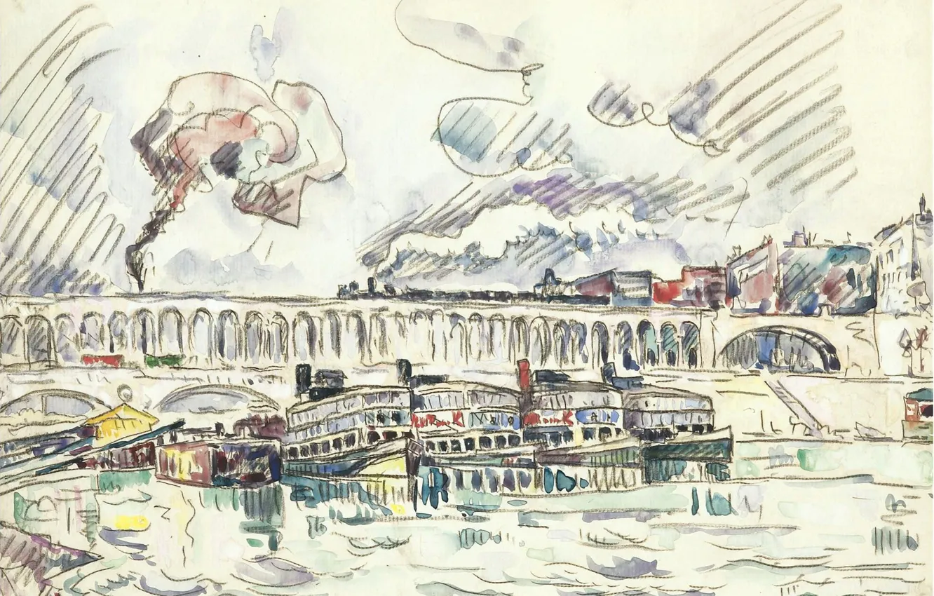 Photo wallpaper figure, watercolor, 1927, Paul Signac, Paul Signac, The Viaduct and Mouche Bridge at Auteuil