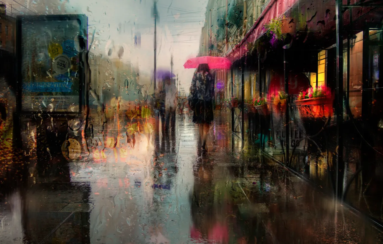 Photo wallpaper rain, street, umbrella, Saint Petersburg