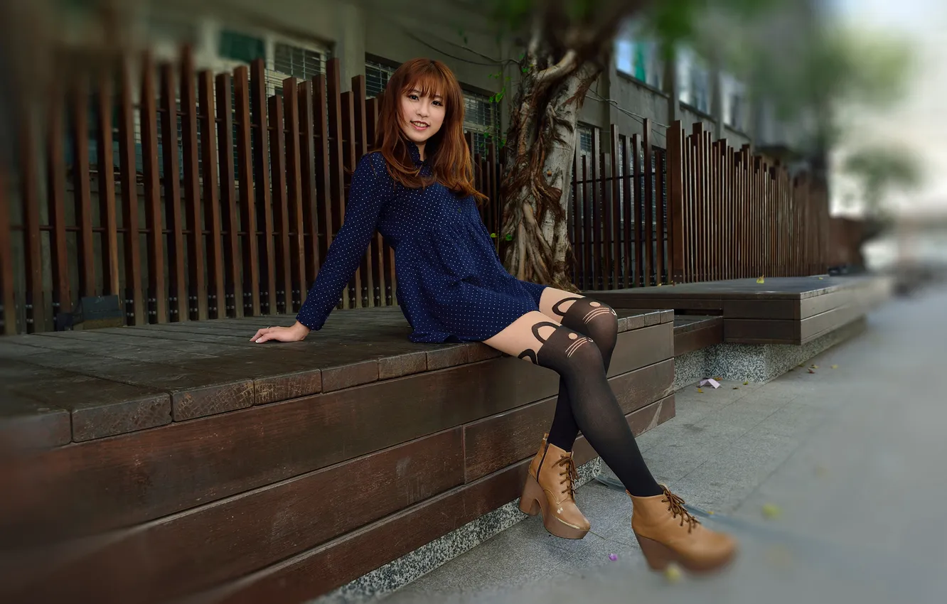Photo wallpaper feet, dress, tights, brown hair, Asian, sitting, blurred background