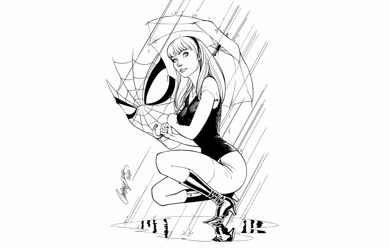 Photo wallpaper Figure, Rain, Umbrella, Fiction, Marvel, Spider Man, Gwen Stacy
