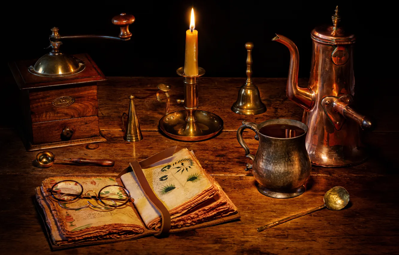 Photo wallpaper coffee, candles, glasses, mug, book, bells, coffee grinder, coffee pot
