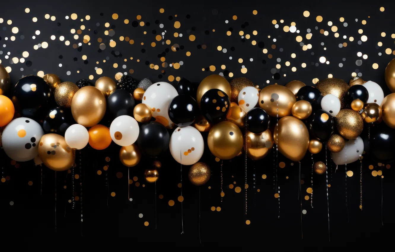 Photo wallpaper stars, balls, lights, balloons, balls, black, Shine, new year