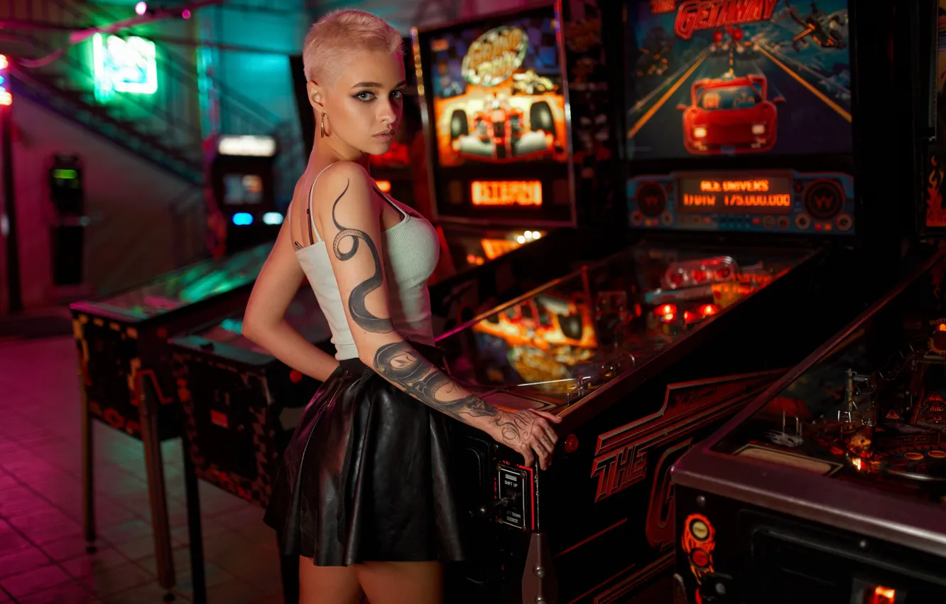 Photo wallpaper look, girl, pose, haircut, skirt, tattoo, topic, slot machines