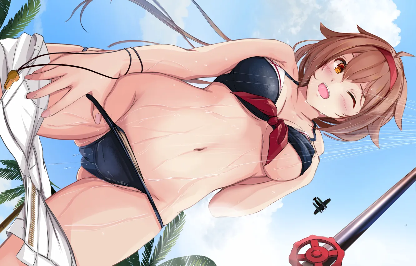 Photo wallpaper girl, sexy, Cameltoe, wet, cleavage, shorts, brown hair, boobs