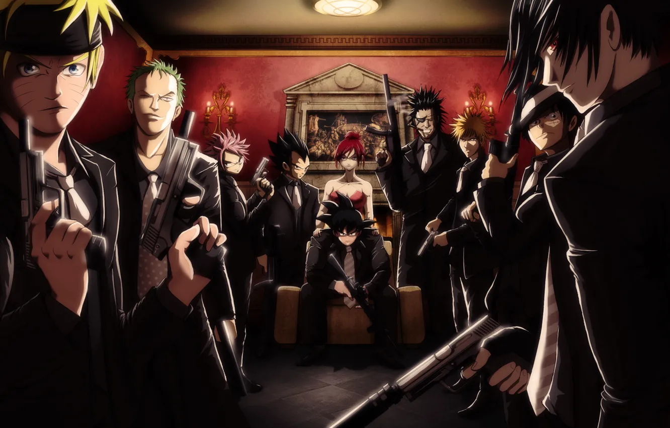 Photo wallpaper girl, weapons, art, guys, Bleach, Naruto, mansion, One Piece