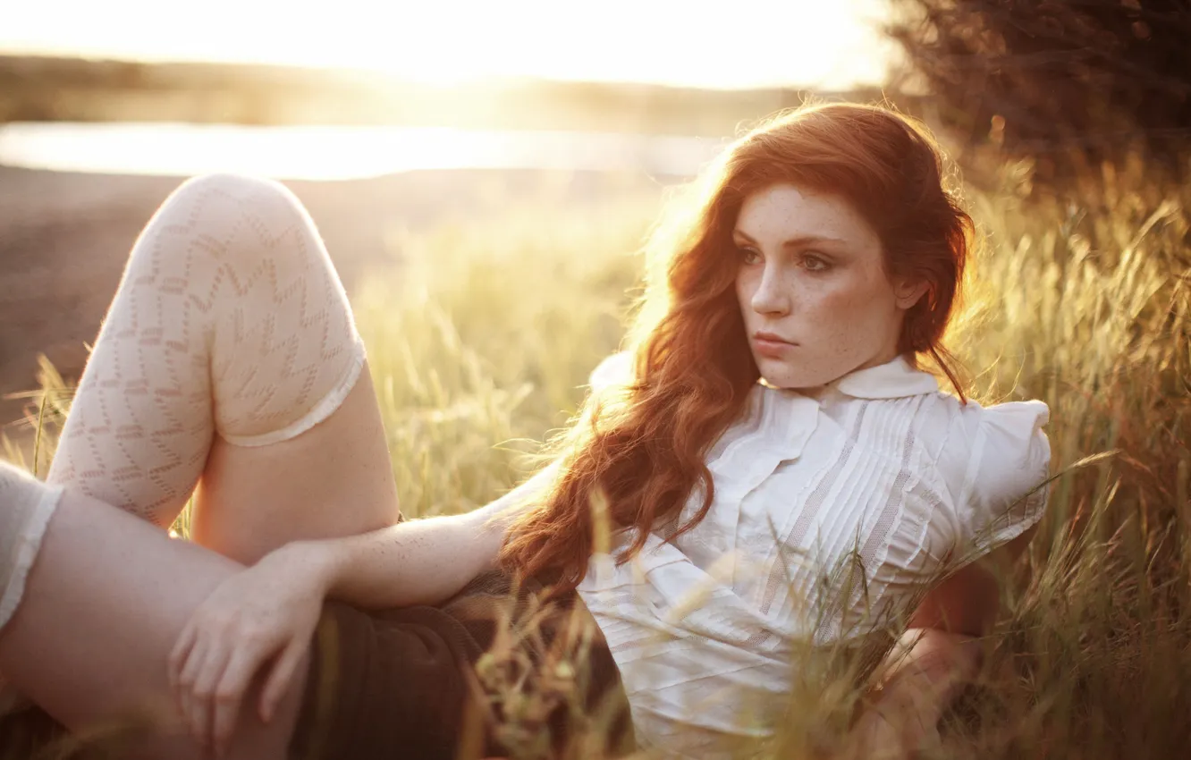 Photo wallpaper grass, look, girl, nature, lies, shirt, redhead, Danielle