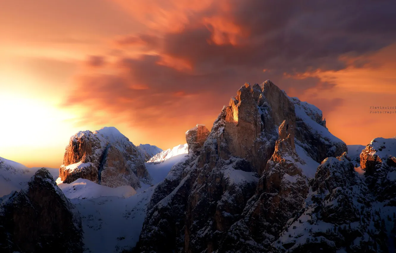 Photo wallpaper winter, snow, landscape, sunset, mountains