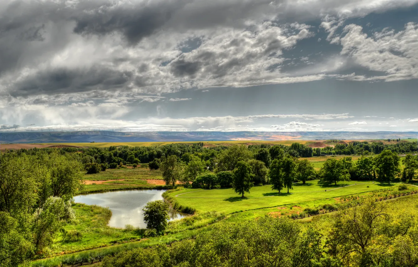 Photo wallpaper field, the sky, clouds, trees, landscape, river, hills