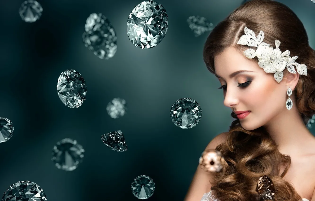 Photo wallpaper girl, decoration, stones, makeup, earrings, diamond, hair ornaments