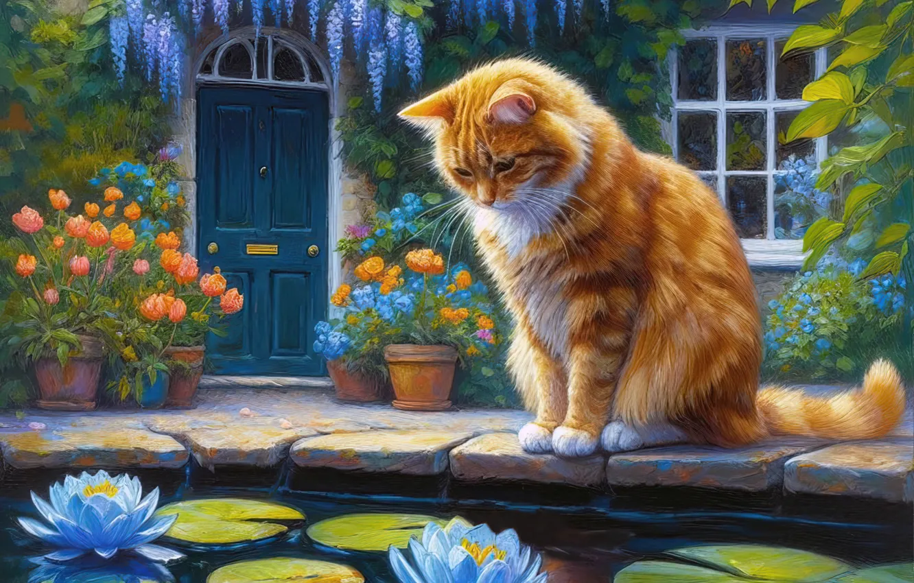 Photo wallpaper cat, summer, cat, look, leaves, fish, flowers, blue