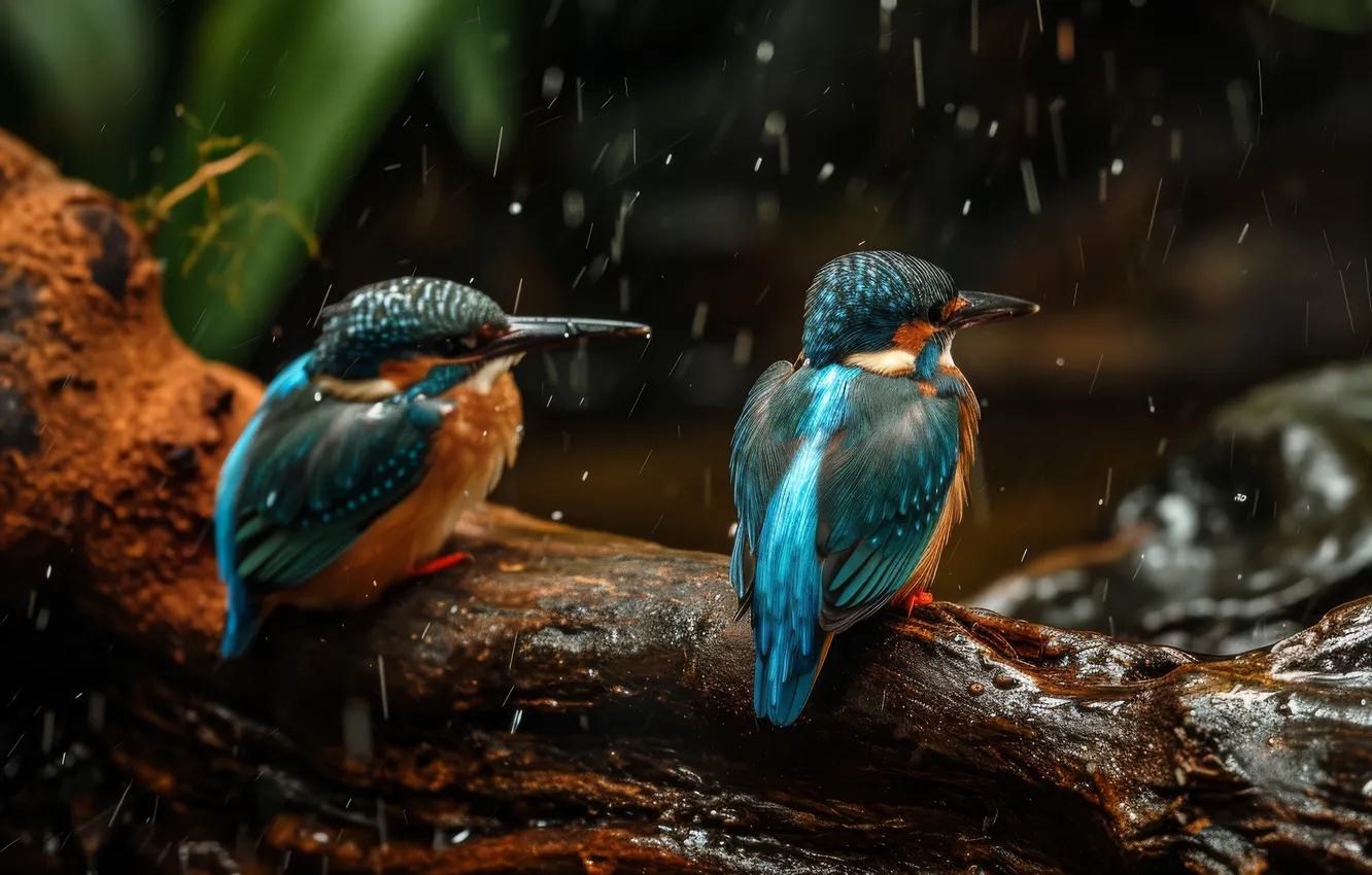Photo wallpaper rain, bird, log, Kingfisher, two birds, AI art, neural network
