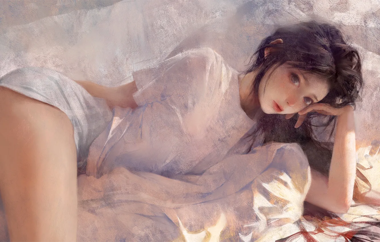 Photo wallpaper long hair, legs, women, artwork, no bra, looking at viewer, ILLDIAN, big cheese