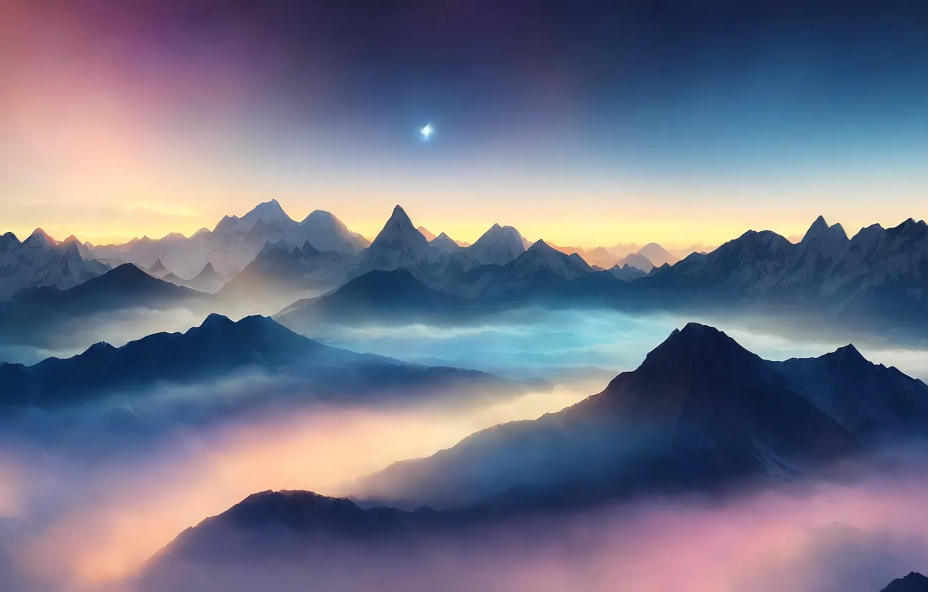 Photo wallpaper sunset, mountains, snow, stars, sunrise, mist, snowy peak, peak