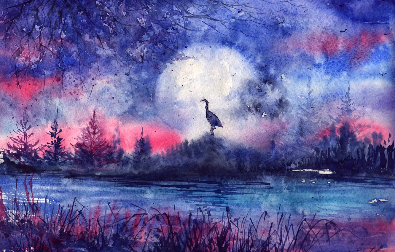 Photo wallpaper grass, sunset, river, tree, bird, the moon, the evening, silhouette