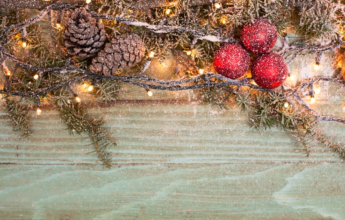 Photo wallpaper snow, balls, tree, New year, garland, Christmas, bumps, snow