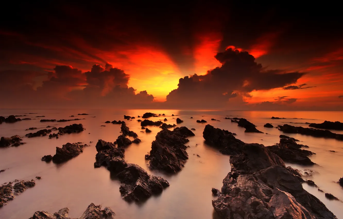 Photo wallpaper sea, rocks, sea, rocks, orange sky, Orange sky